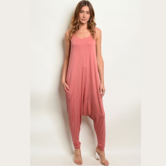 Large L Mauve Pink Harem Jersey Jumpsuit Romper - Picture 2 of 3